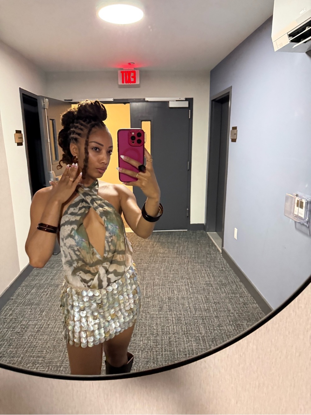 Iridescent Shell Mini Dress with Animal Print Halter Top - Green & Pearl Tones - Picture 2 of 4